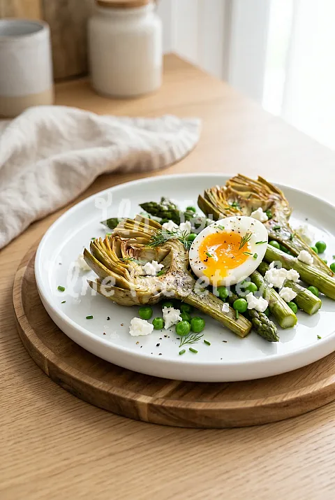 Photo de Artichauts rôtis, asperges vertes, petits pois, feta et œuf mollet