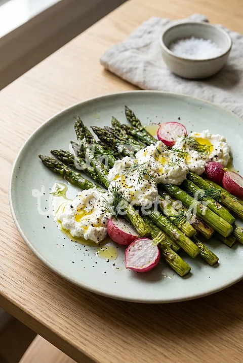Photo de Asperges et radis rôtis, feta fouettée