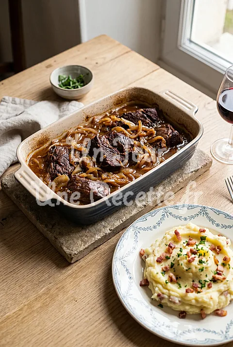 Photo de Boeuf braisé à l'oignon et purée de pommes de terre au bacon