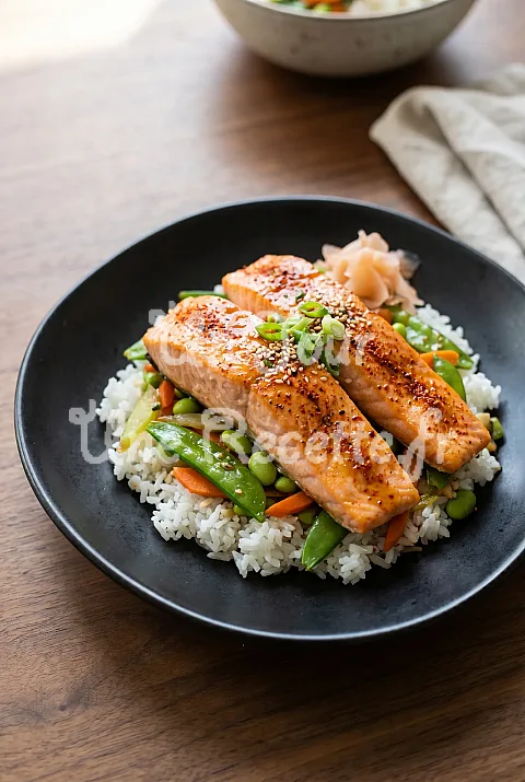 Photo de Bols de riz, légumes et saumon cuit au togarashi
