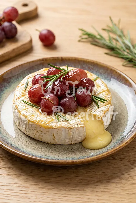 Photo de Brie chaud, raisins rouges et romarin