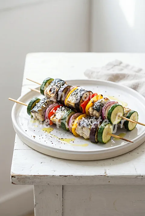 Photo de Brochettes de maquereaux et de légumes grillés