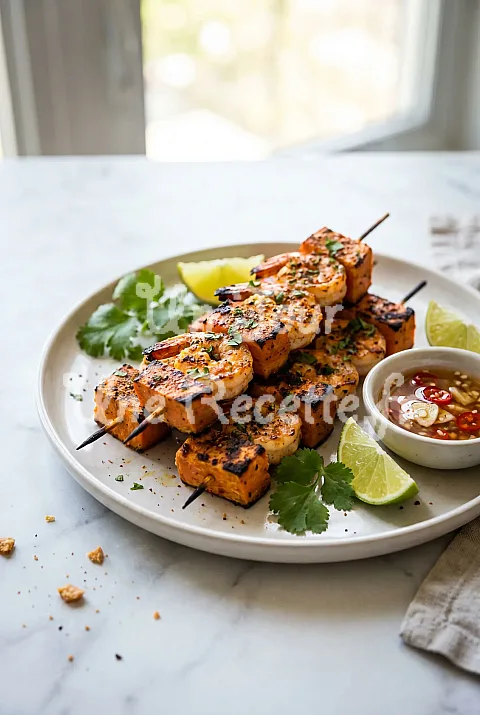 Photo de Brochettes de patates douces et de crevettes grillées