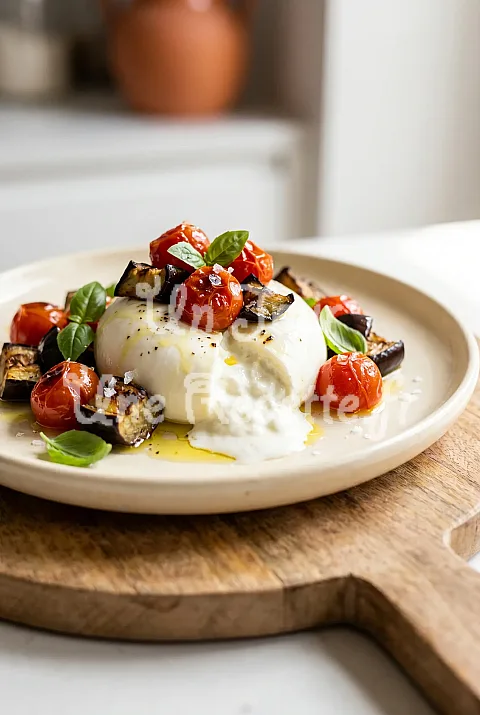 Photo de Burrata aux tomates confites et aubergine rôtie