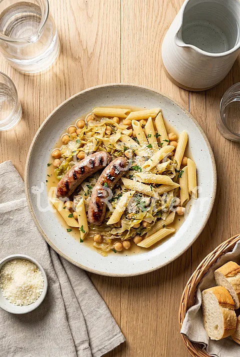Photo de Chipolatas, pennes au chou et pois chiches