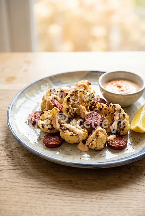 Photo de Chou-fleur grillé au chorizo, mayo épicée