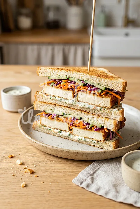 Photo de Club sandwich au tofu croustillant & légumes râpés
