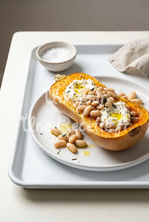 Photo de Courge butternut au four, ricotta et haricots blancs