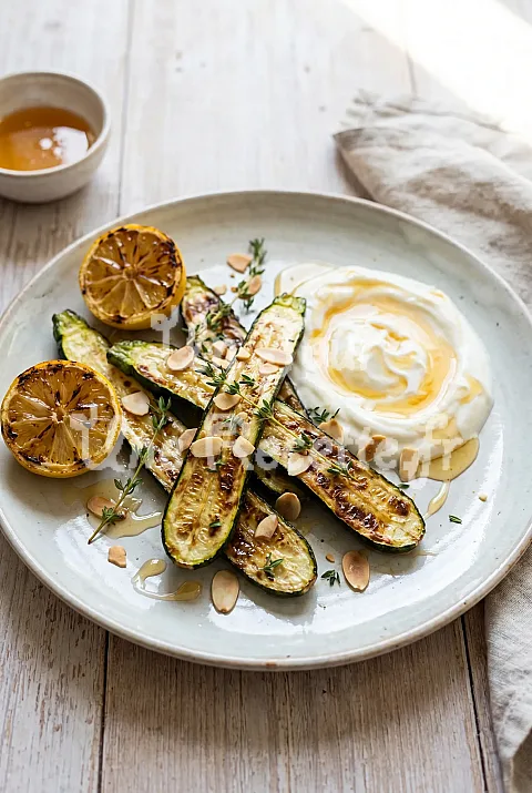 Photo de Courgettes et citron rôtis, yogourt au miel
