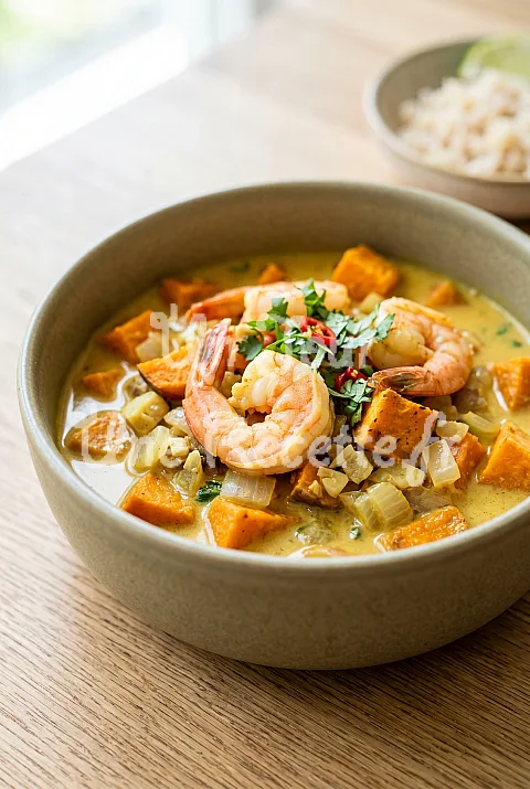 Photo de Curry jaune de crevettes et de patates douces