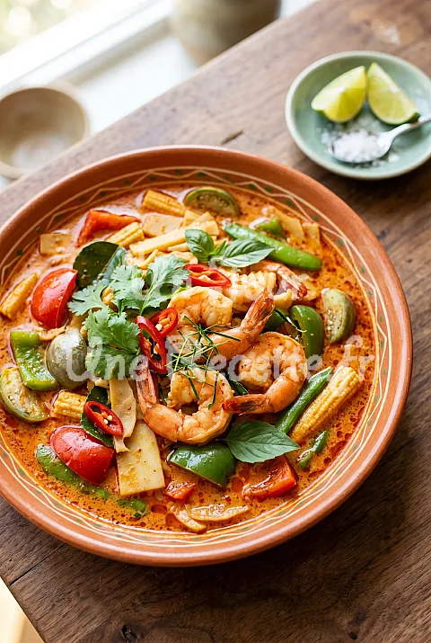 Photo de Curry rouge de crevettes et légumes