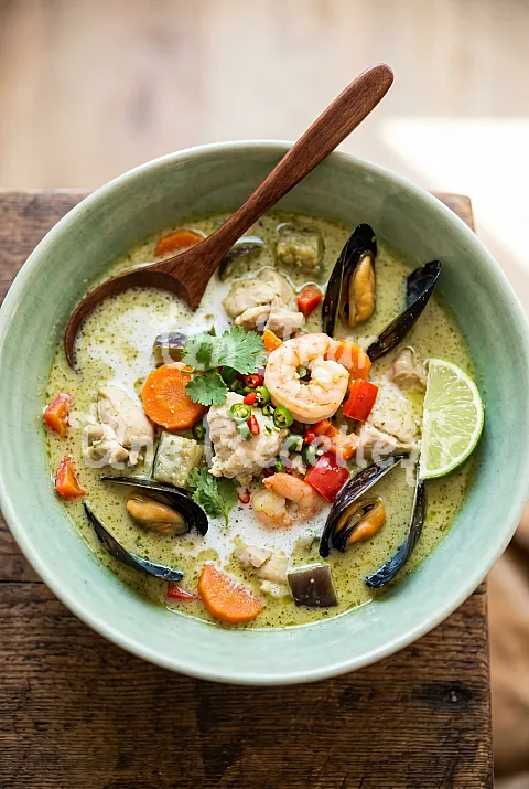 Photo de Curry vert de fruits de mer et de légumes