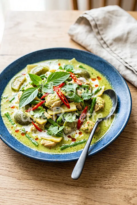 Photo de Curry vert de poulet et de basilic thaï