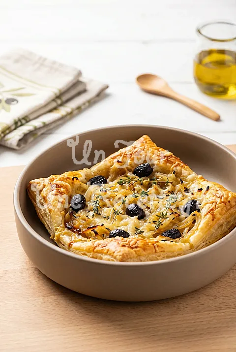 Photo de Feuilleté aux oignons, olives noires et thym