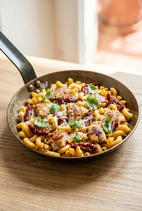 Photo de Macaronis poêlés au poulet et tomates séchées