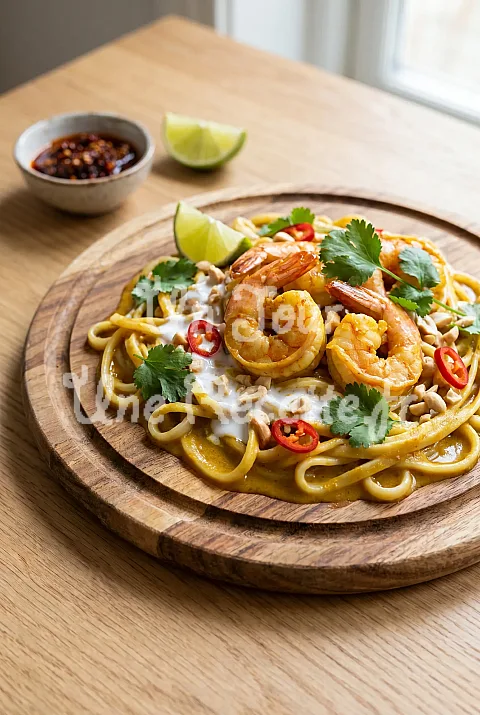 Photo de Nouilles asiatiques aux crevettes, cari et lait de coco