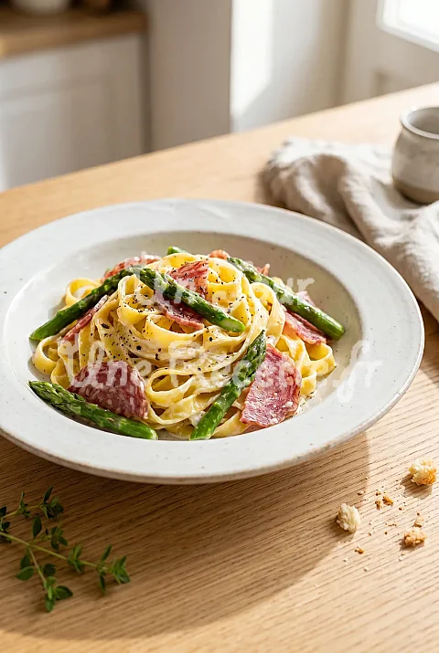 Photo de Nouilles aux asperges, au mascarpone et à la rosette de Lyon