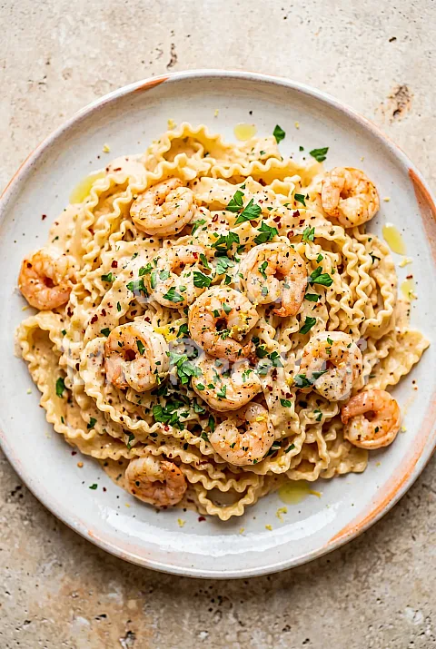 Photo de Pâtes aux crevettes, sauce crème et piment