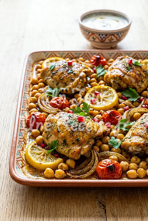 Photo de Plaque de cuisses de poulet et pois chiches à la shish taouk