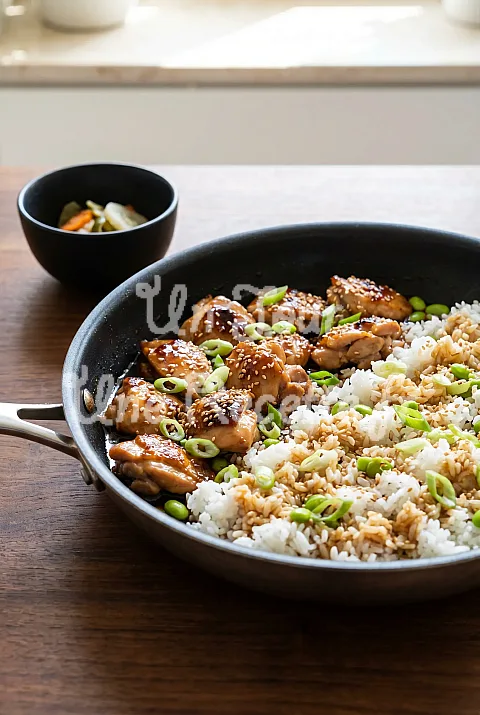 Photo de Poulet et riz teriyaki dans une seule poêle