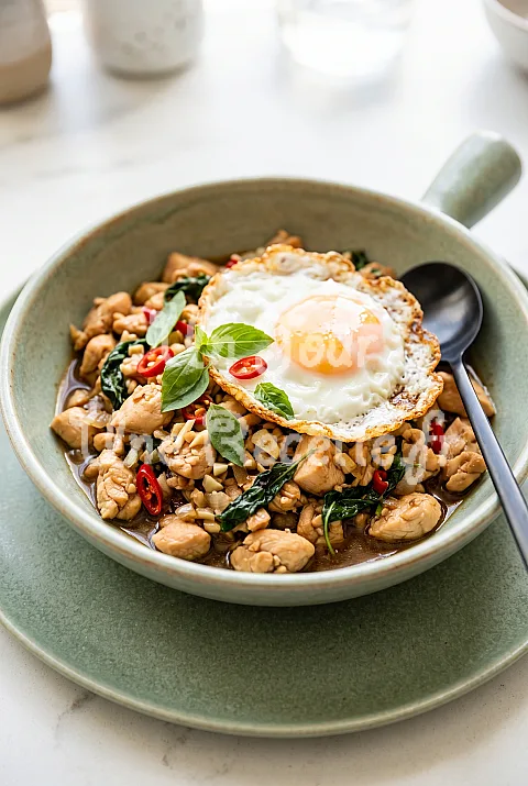 Photo de Poulet sauté au basilic thaï (Pad kaprao kai)