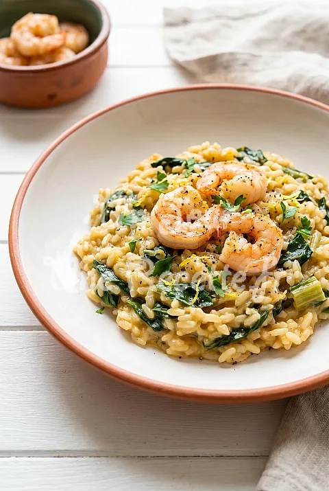 Photo de Risotto à la bette à carde et crevettes à l'ail