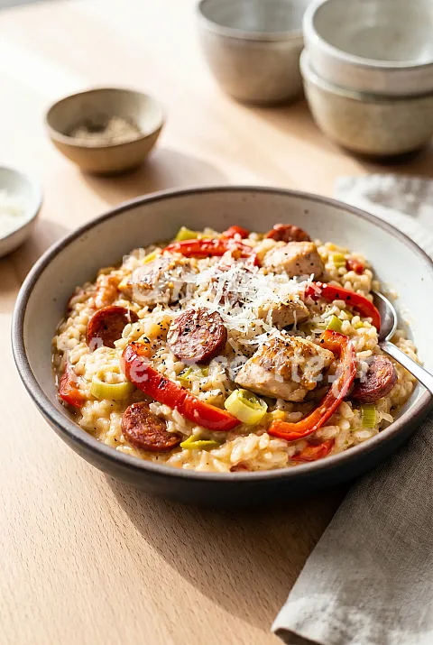 Photo de Risotto au poulet, chorizo et aux poivrons rouges