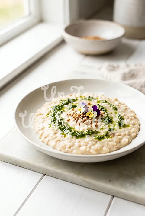 Photo de Risotto d'épeautre crémeux et pesto de fanes