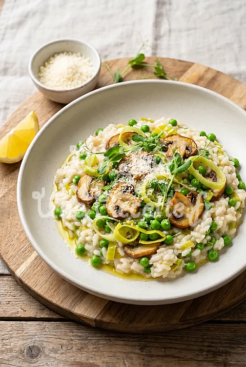 Photo de Risotto printanier aux petits pois, poireau et champignons