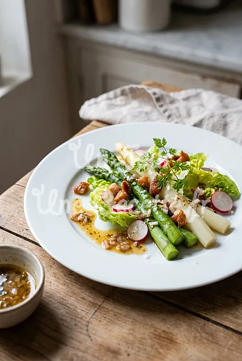 Photo de Salade d'asperges et vinaigrette tiède au gras de poulet