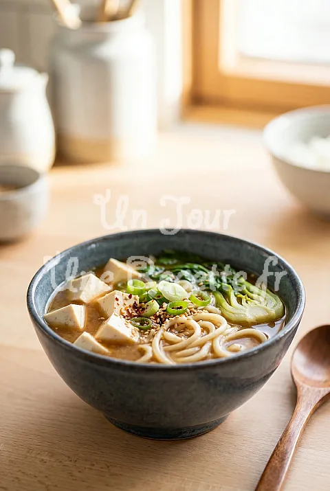 Photo de Soupe miso rapide tofu, nouilles et légumes verts