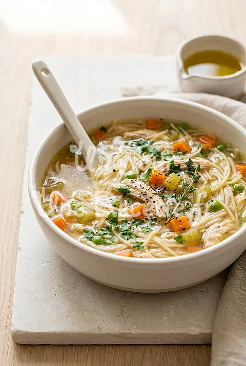 Photo de Soupe-repas aux vermicelles, poulet effiloché et petits légumes