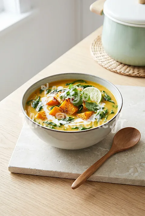 Photo de Soupe thaïe de courge et d'épinards