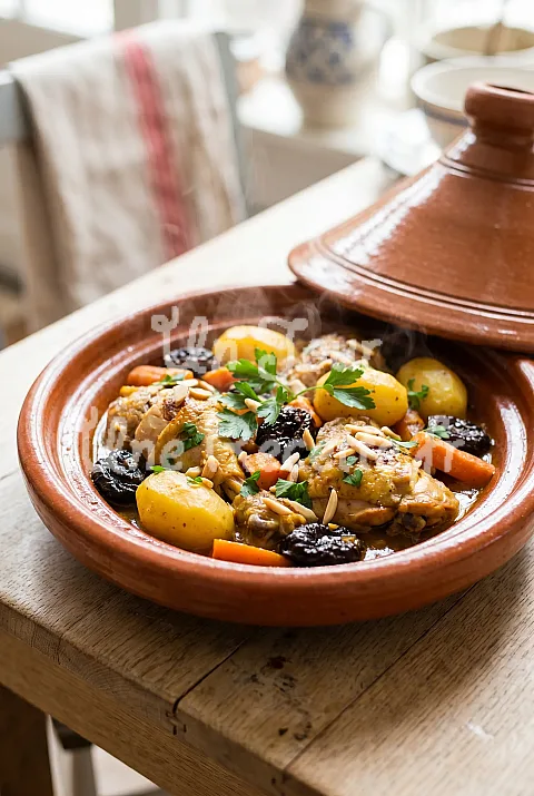 Photo de Tajine de poulet aux pruneaux, pommes de terre et carottes
