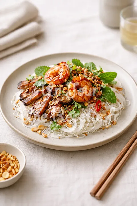 Photo de Vermicelles de riz aux crevettes et porc grillé