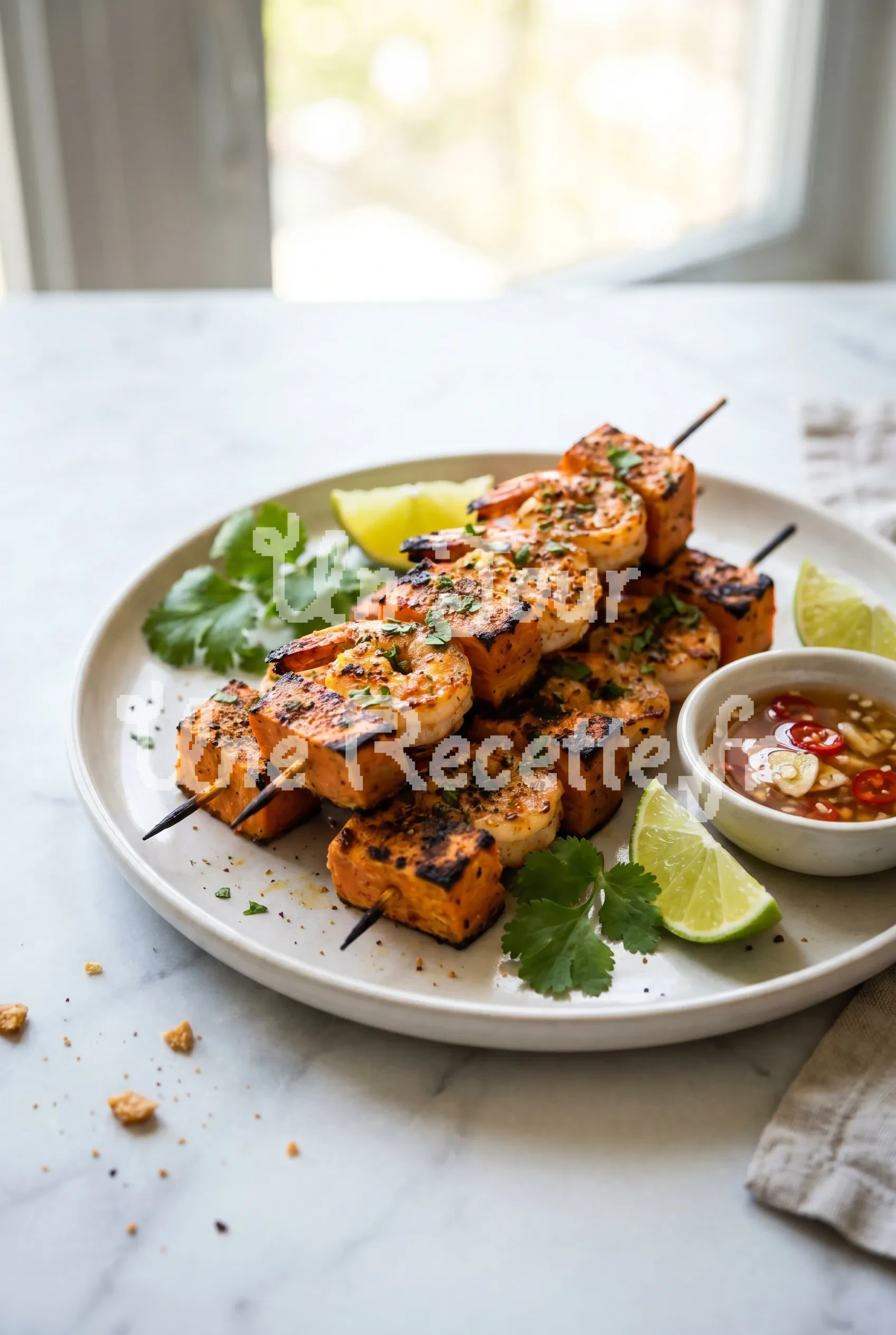 Photo de la recette Brochettes de patates douces et de crevettes grillées