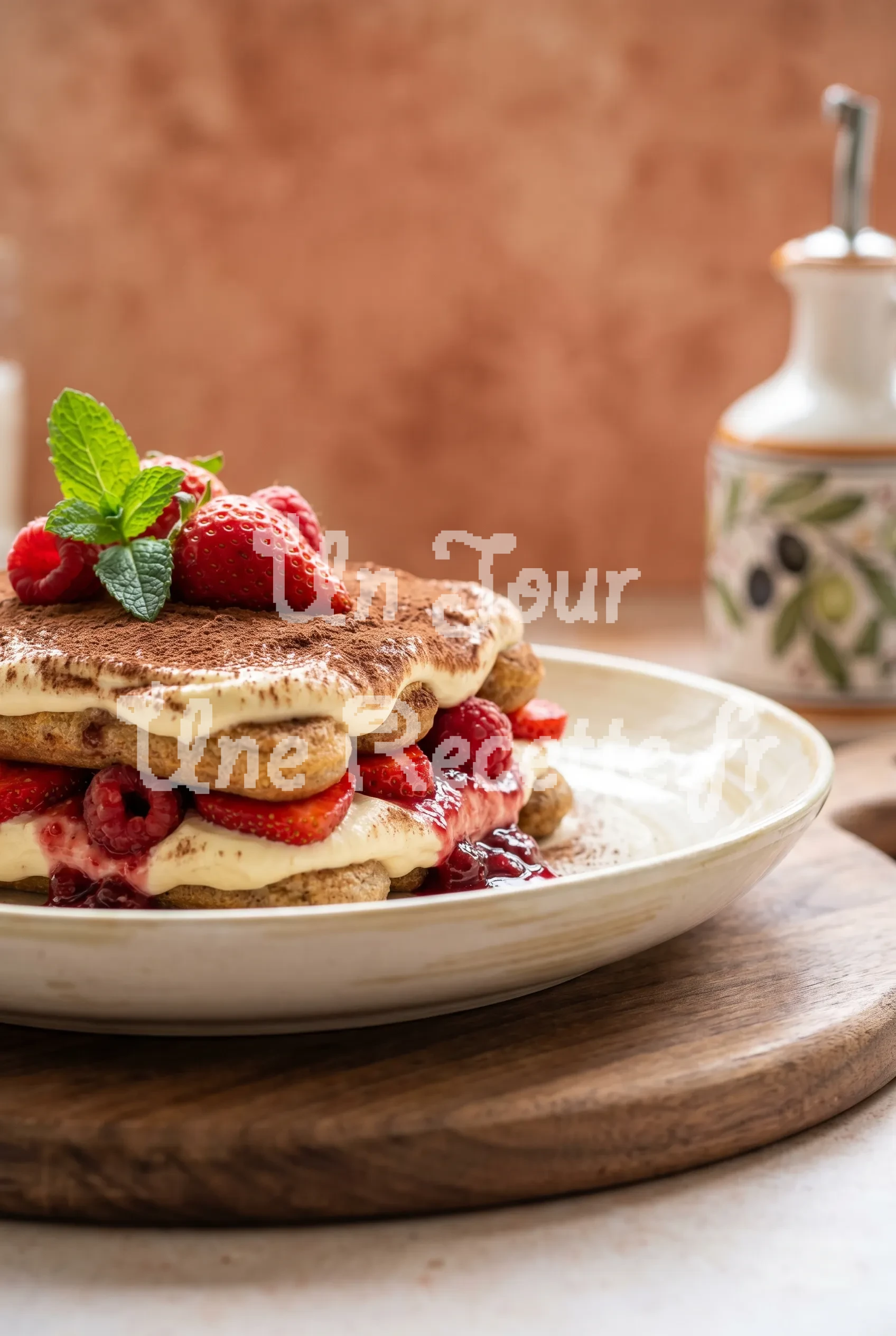 Photo de la recette Gâteau aux fraises et aux framboises façon tiramisu