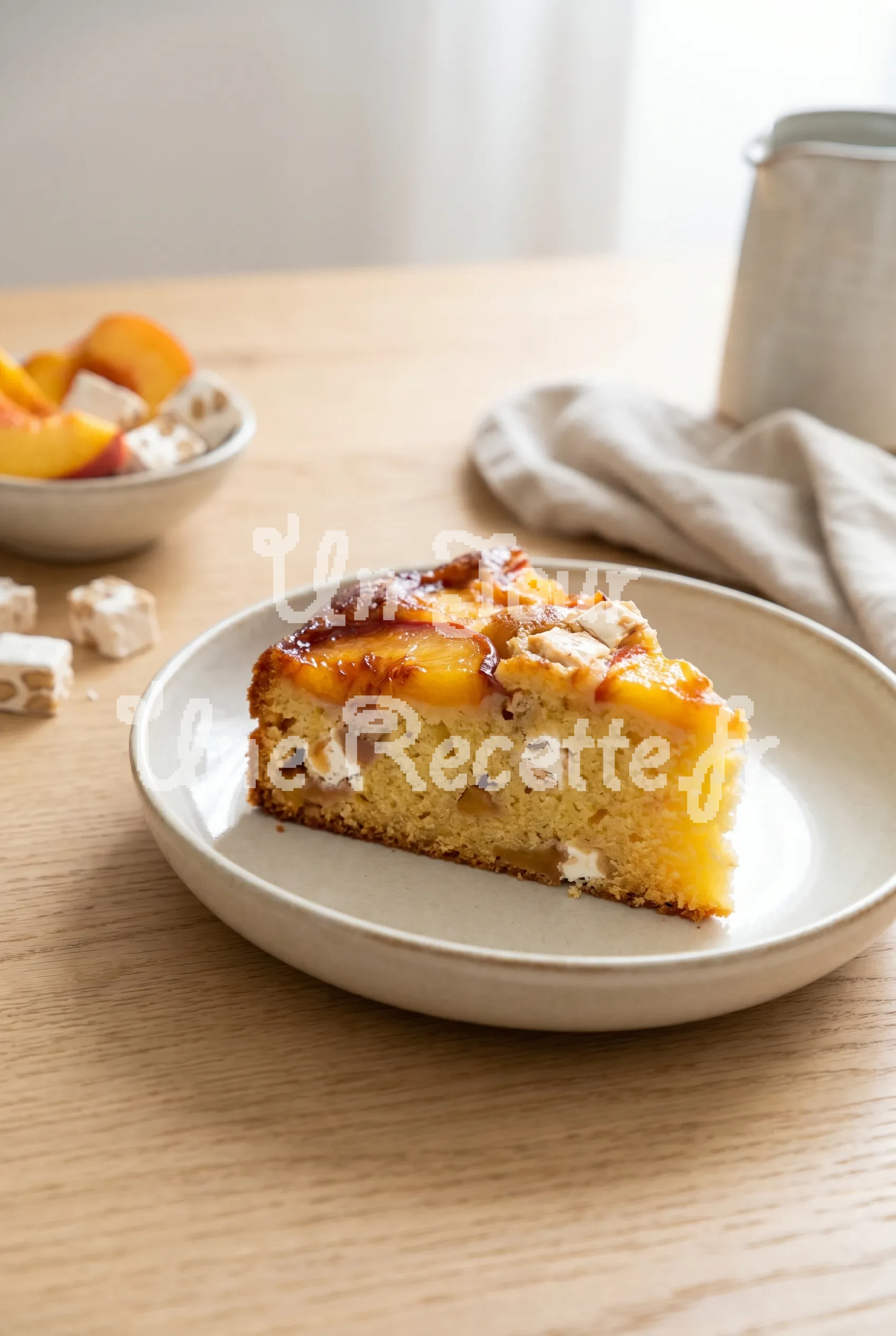 Photo de la recette Gâteau aux pêches et au nougat