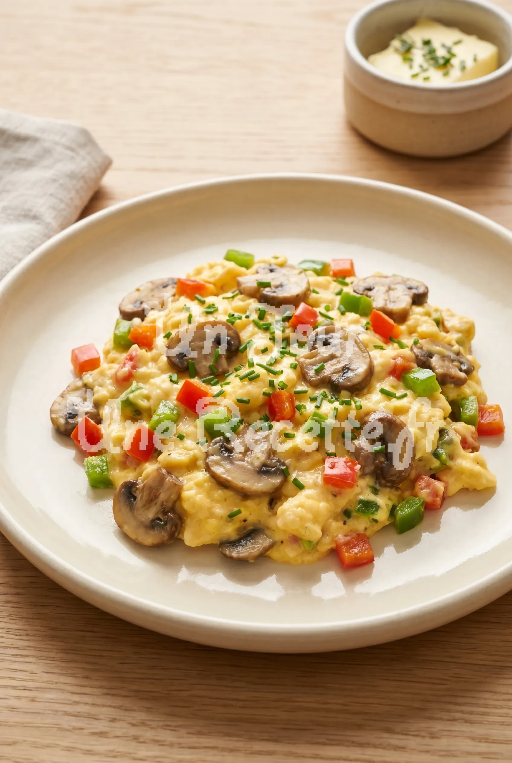 Photo de la recette Œufs brouillés aux champignons et aux poivrons