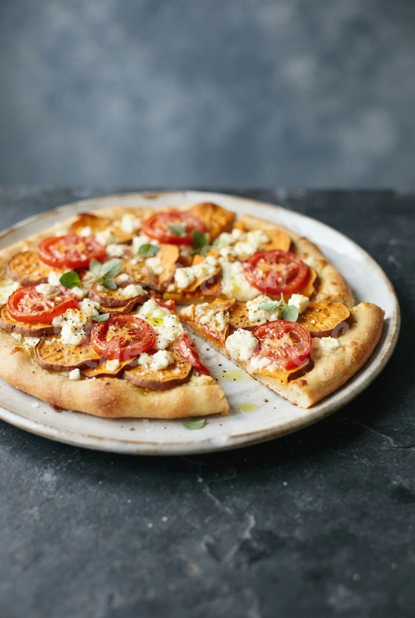 Photo de la recette Pizza aux patates douces, tomates et feta