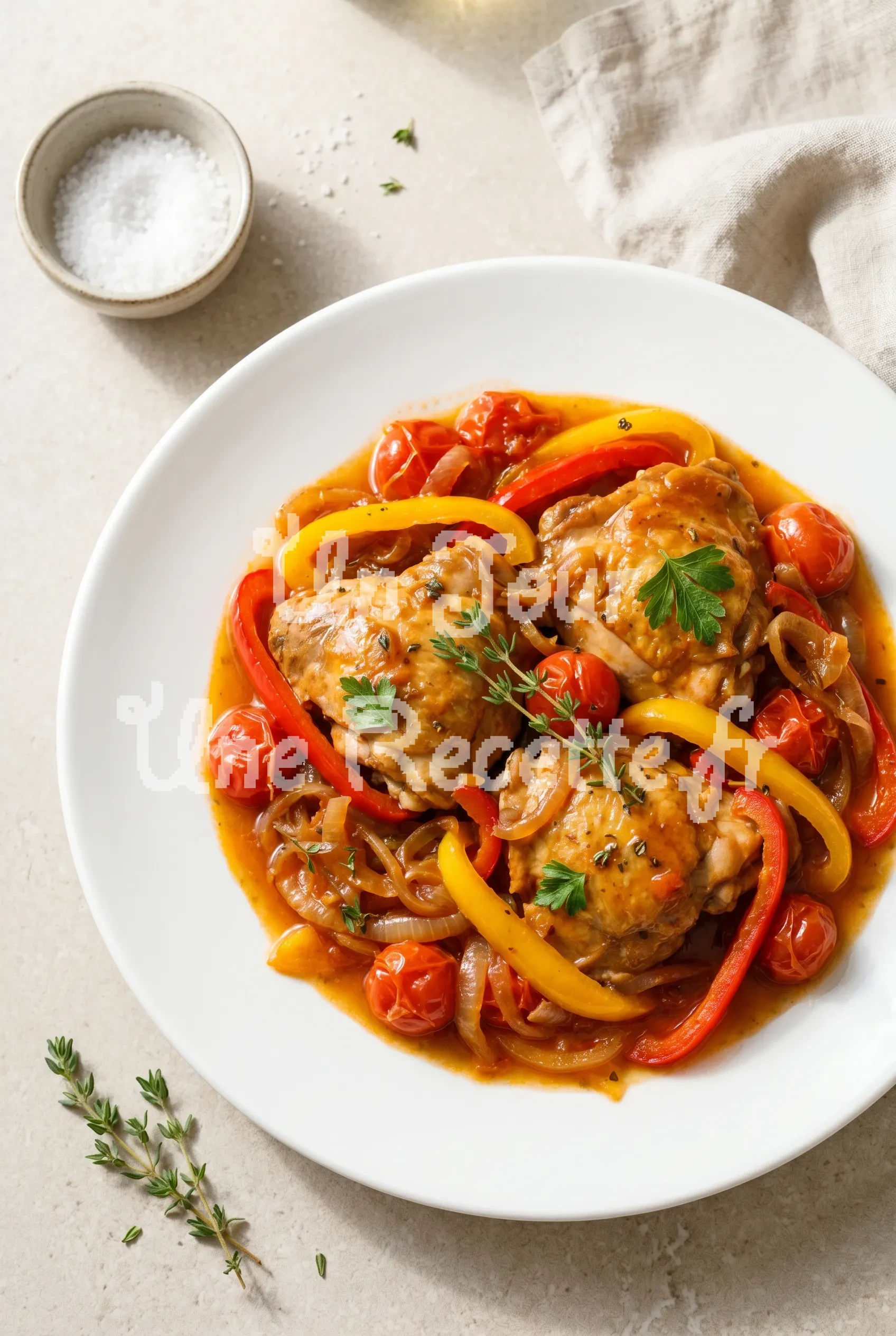 Photo de la recette Poulet aux poivrons, tomates et oignons