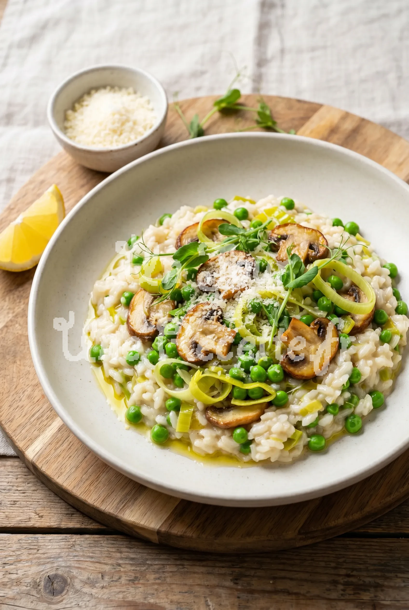 Photo de la recette Risotto printanier aux petits pois, poireau et champignons