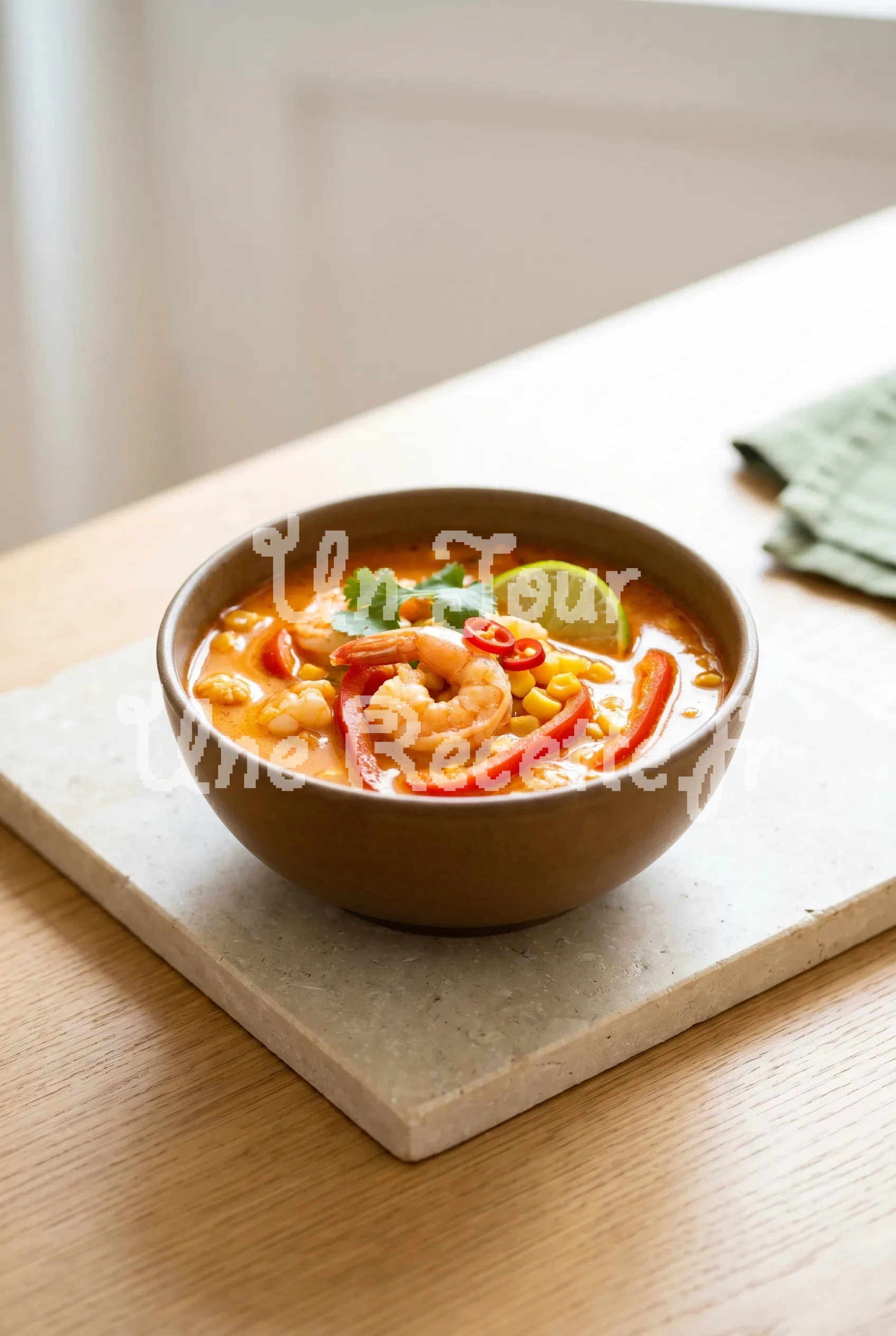 Photo de la recette Soupe épicée coco crevettes, poivron et maïs