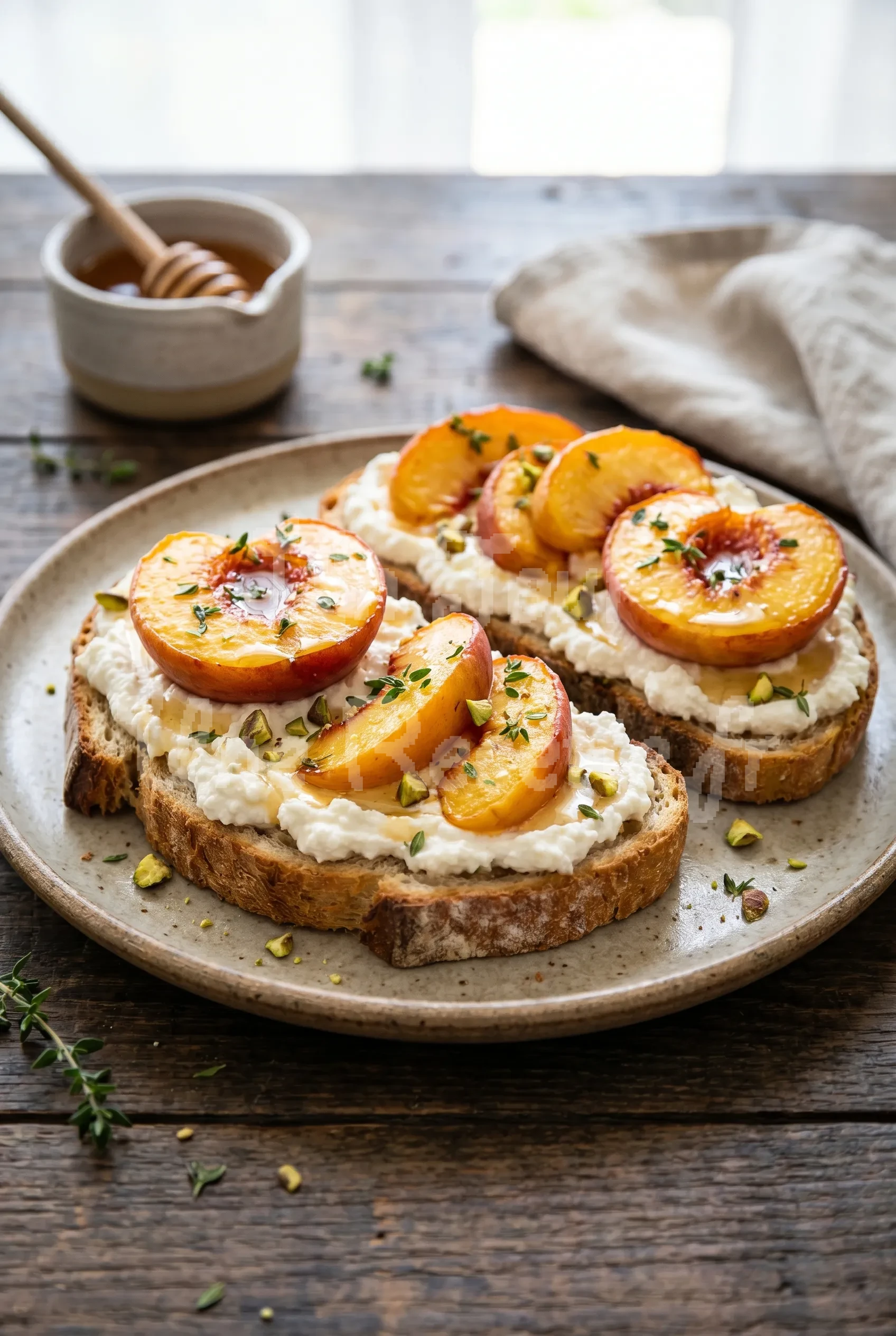 Photo de la recette Tartines ricotta pêche miel