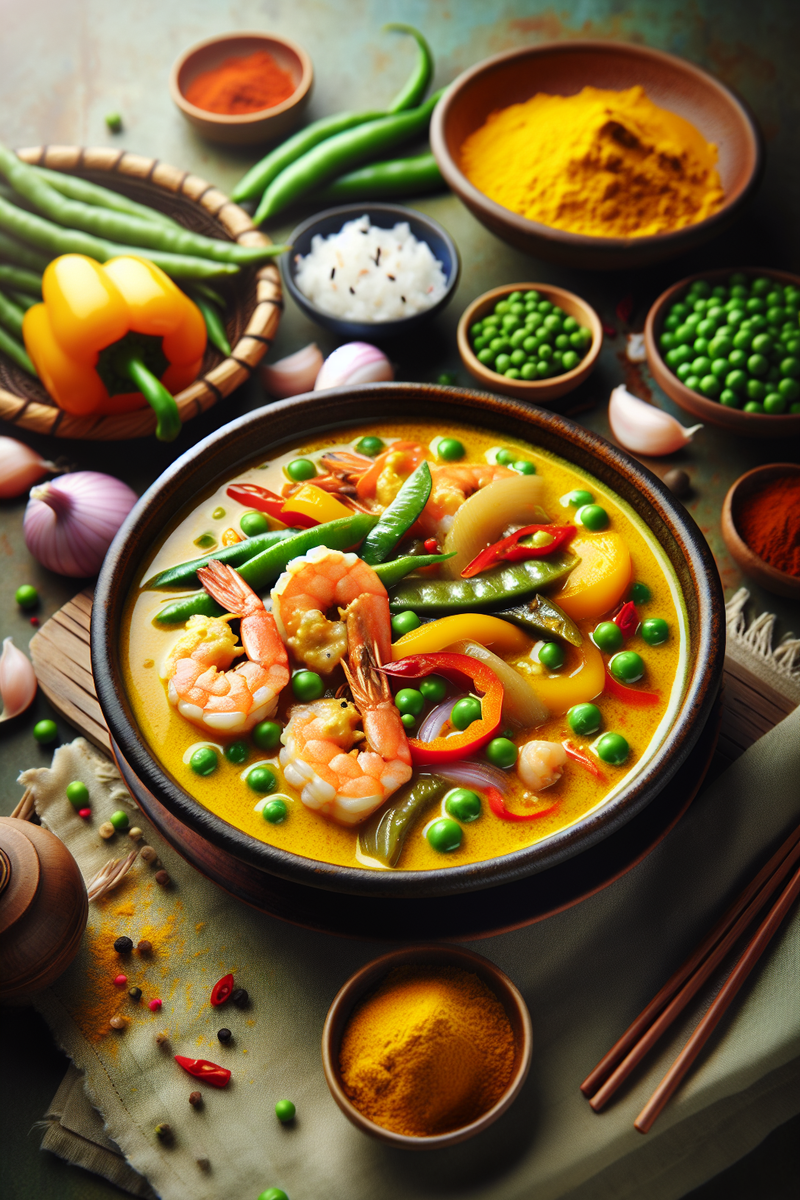 Photo de la recette Curry jaune de crevettes et de légumes