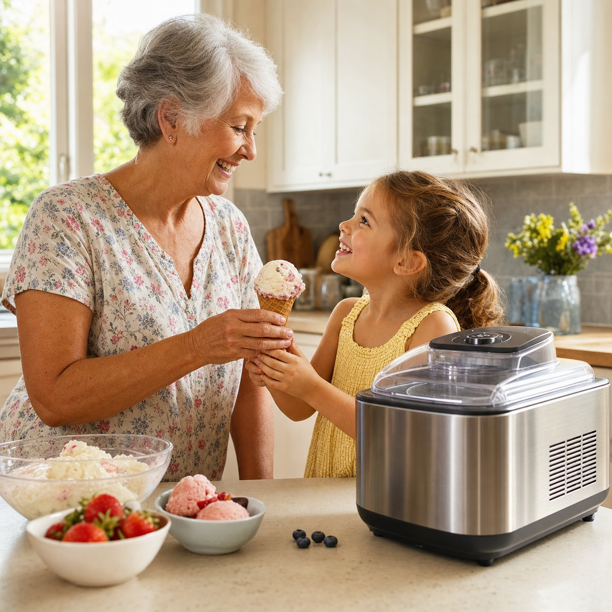 Une grand-mère offre une glace faite maison à sa petite-fille